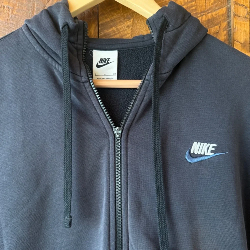 Nike Mens Full Zip Hoodie Black Faded Fleece Embroidered Logo Small